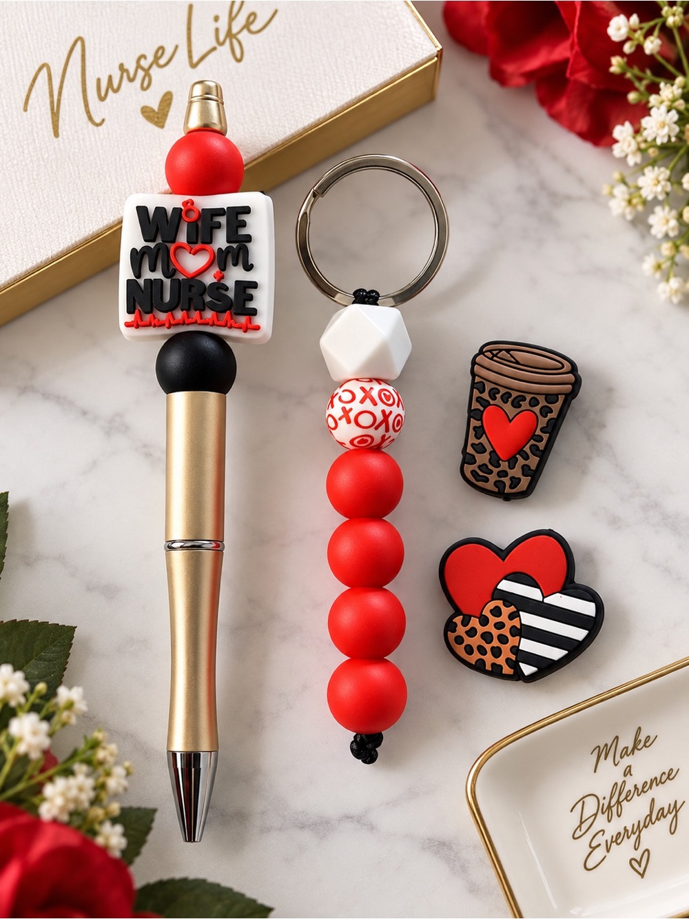 Wife Mom Nurse Red Beaded Keychain & Gold Nurse Pen Set